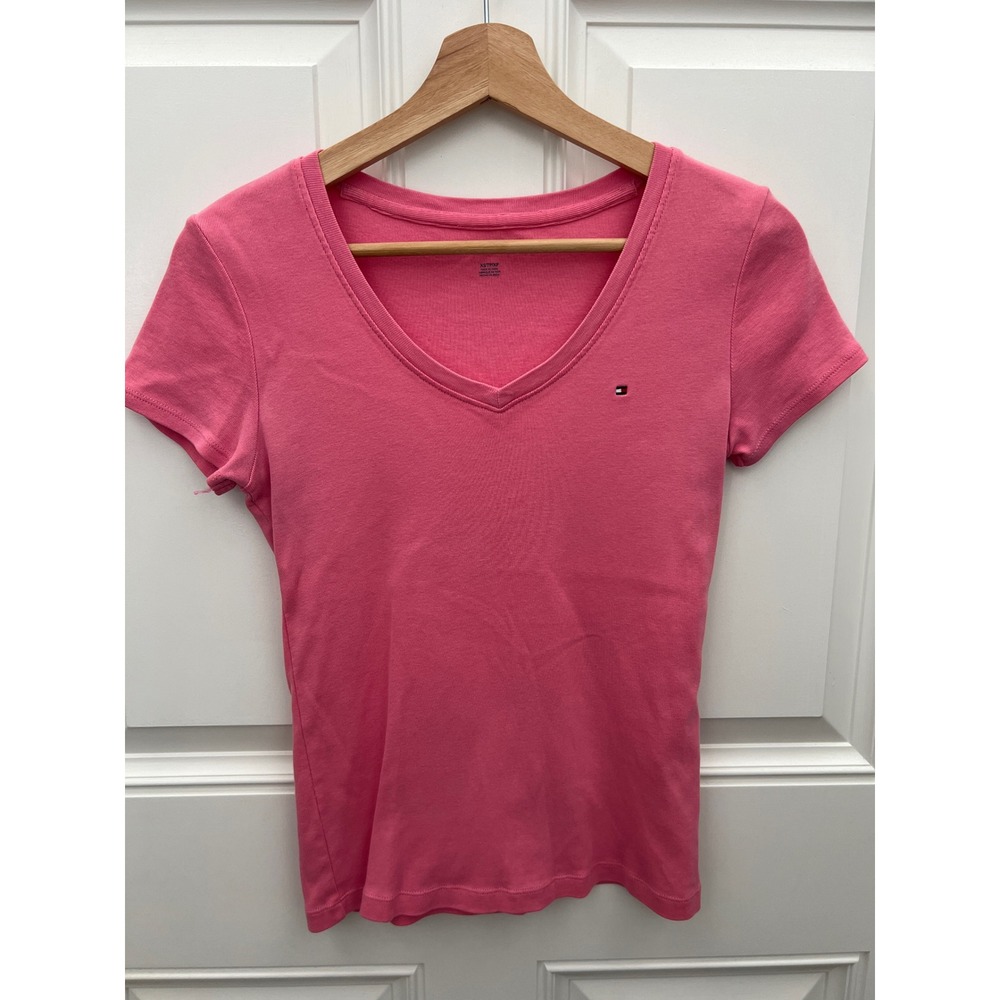 Tommy‎ Hilfiger Womens Pink V-Neck Short Sleeve Cotton T-Shirt Flag Logo XS